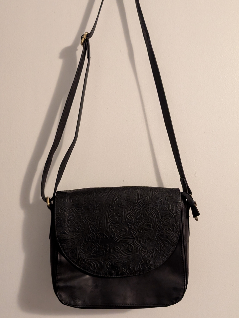 Black Floral-Embossed Leather Crossbody Bag - Women